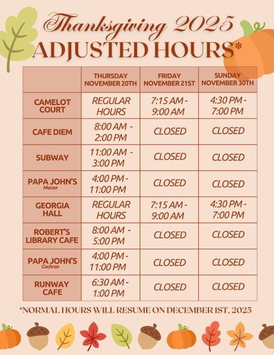 MGA Dining Thanksgiving hours of operation.